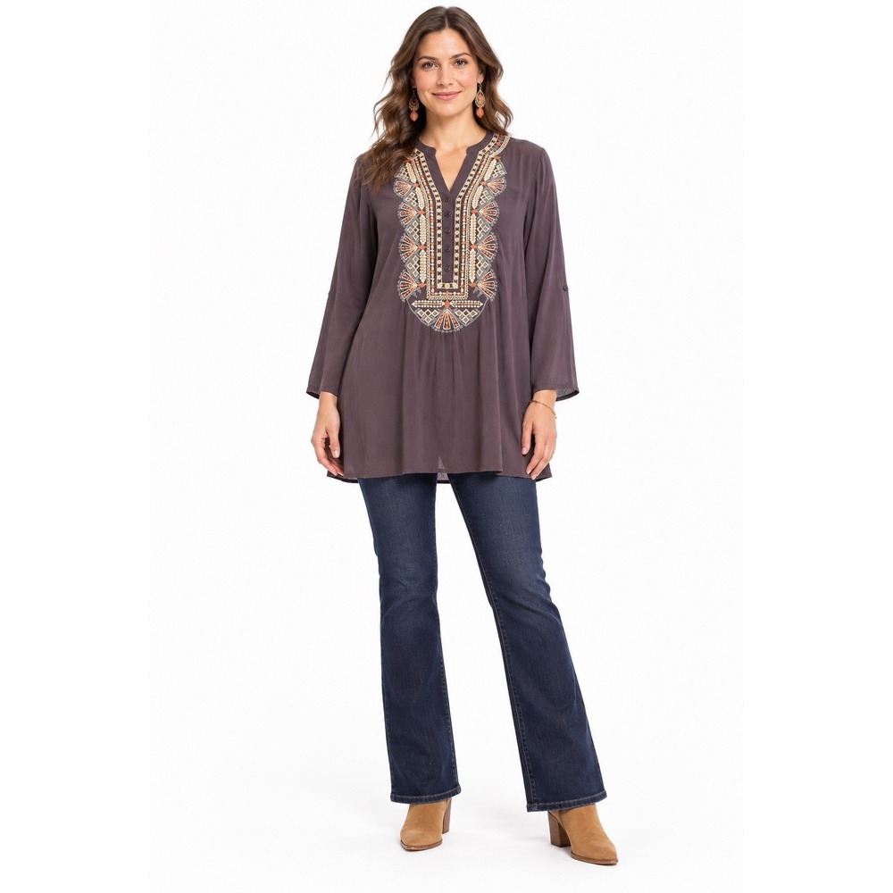 Boho Embroidered Tunic Top Womens M Plum Gray Split Neck Rayon Solitaire Boho